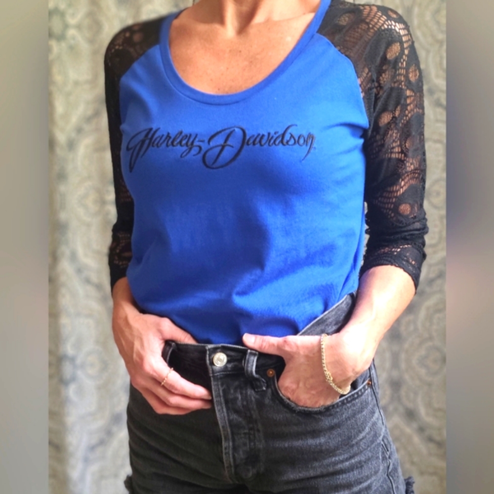 Size M Women's Harley-Davidson Blue Scoop-Neck 3/4-Sleeve Jersey and Lace Tee